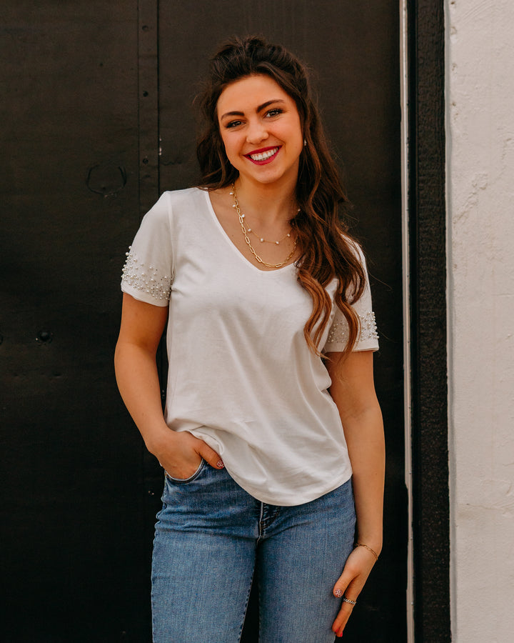 French Dressing Jeans: Pearl Embellished V-Neck Top in White (3162165)