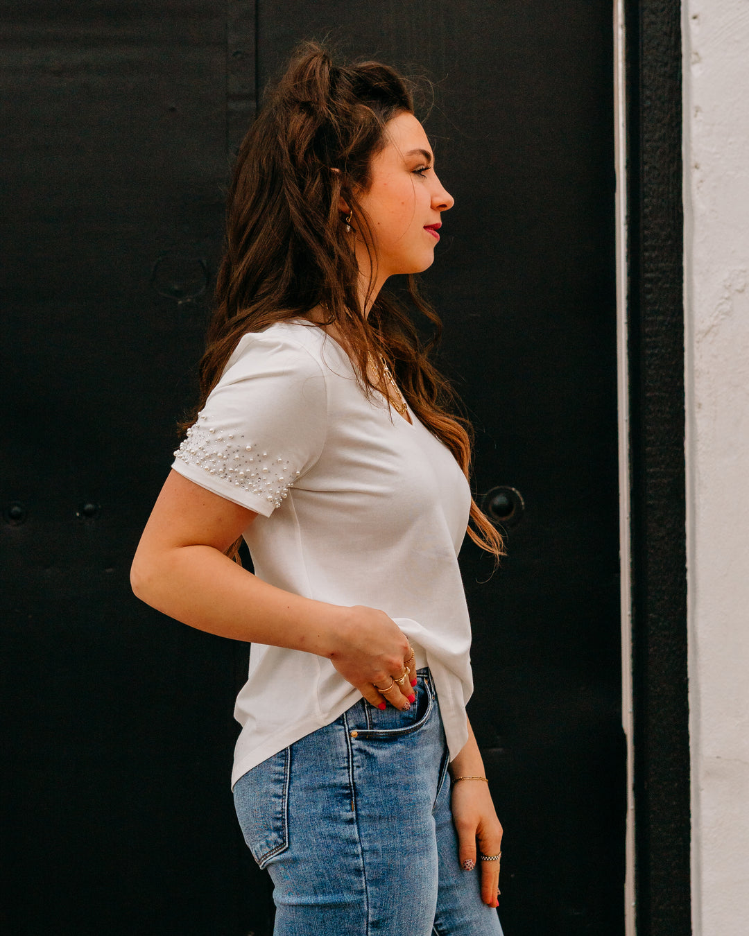 French Dressing Jeans: Pearl Embellished V-Neck Top in White (3162165)