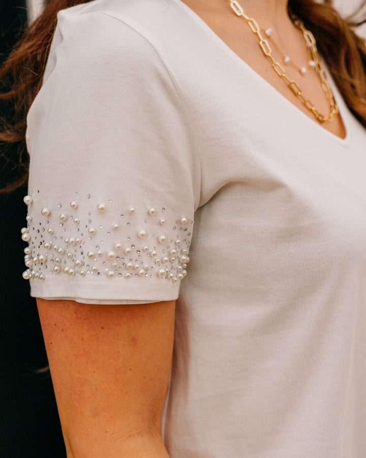 French Dressing Jeans: Pearl Embellished V-Neck Top in White (3162165)