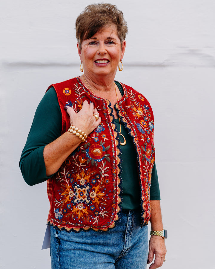 John Mark: Embellished Velvet Vest W/ Plaid Patched Back
