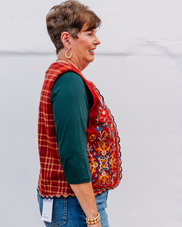 John Mark: Embellished Velvet Vest W/ Plaid Patched Back