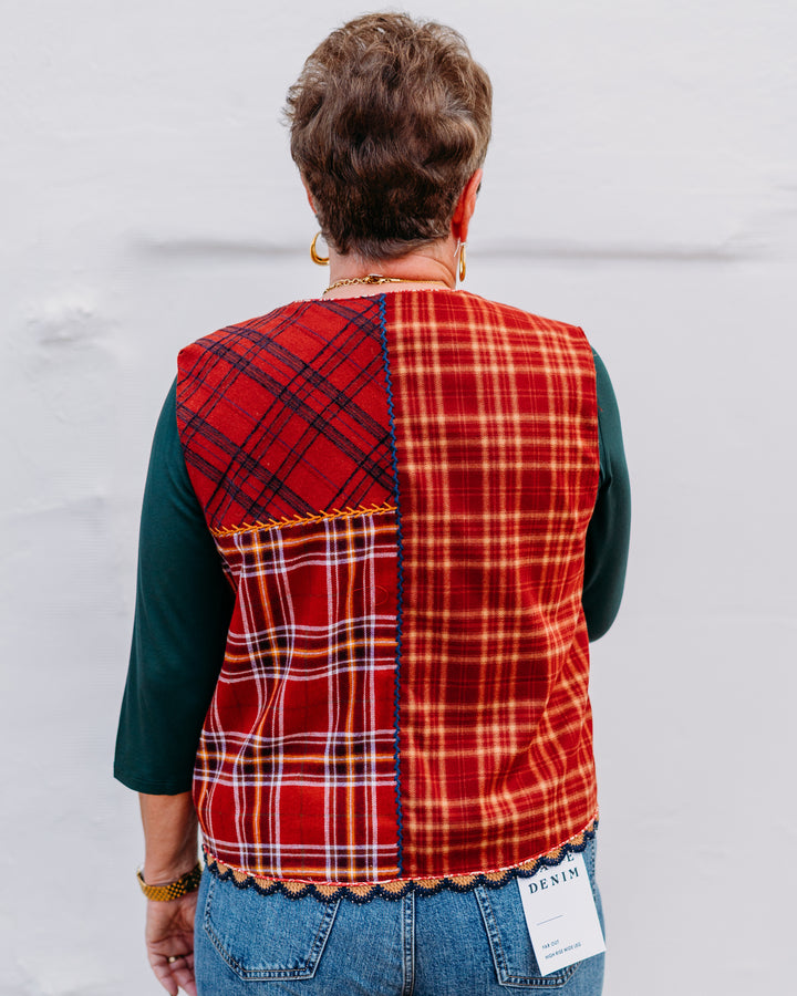 John Mark: Embellished Velvet Vest W/ Plaid Patched Back