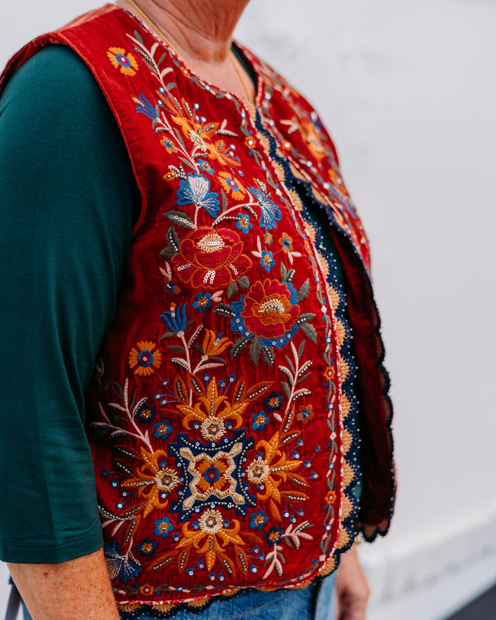 John Mark: Embellished Velvet Vest W/ Plaid Patched Back