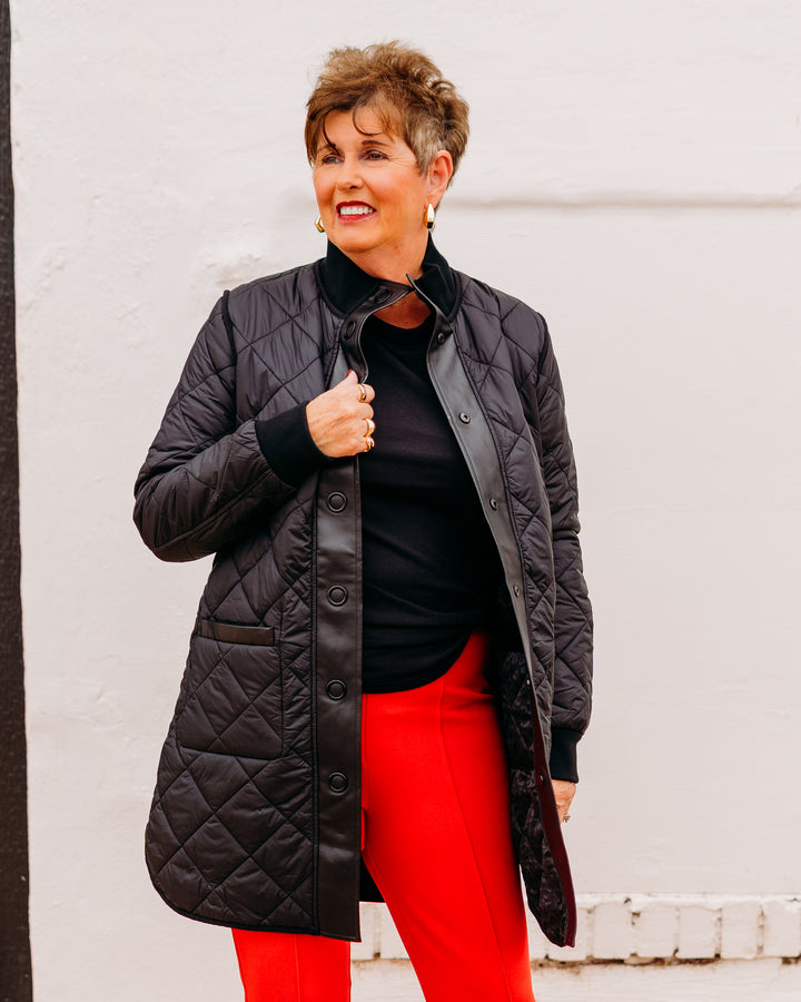 Charlie B: Reversible Long Puffer Jacket in Black