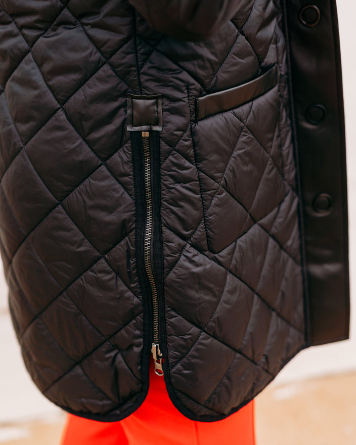 Charlie B: Reversible Long Puffer Jacket in Black