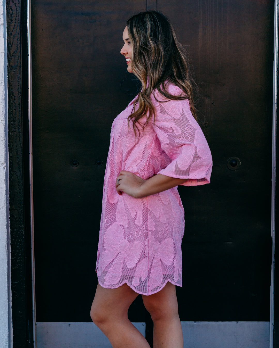 Joy Joy: High Neck Tunic Pink Bow Lace  (76B5167) - The Vogue Boutique