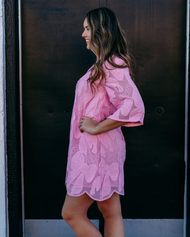 Joy Joy: High Neck Tunic Pink Bow Lace  (76B5167) - The Vogue Boutique