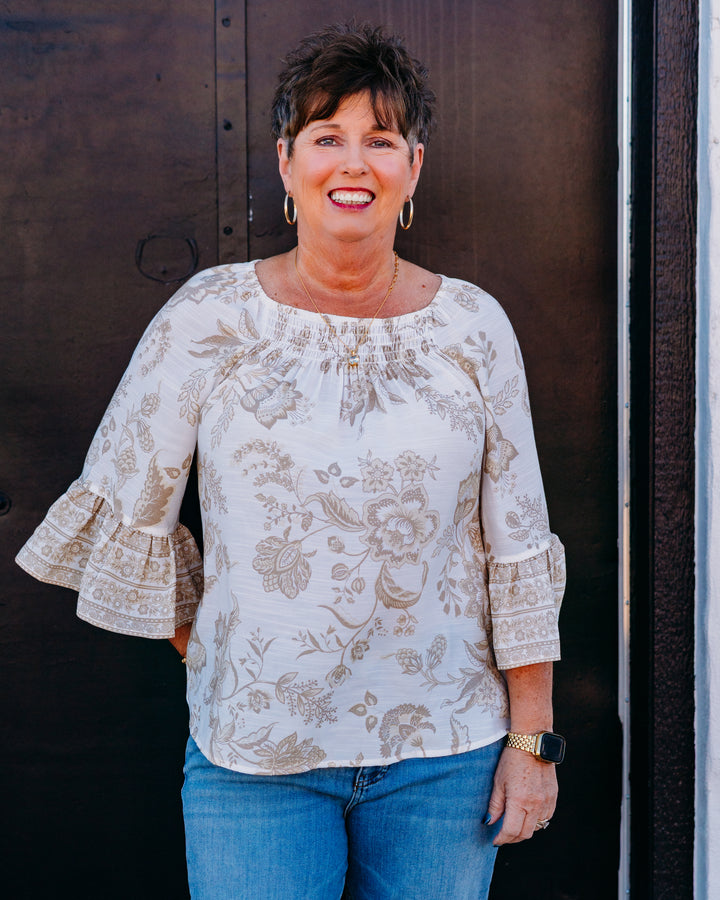 Multiples: 3/4 Flounce Raglan Slv Elastic & Shirred Nk Top in Multi (M26404TM)