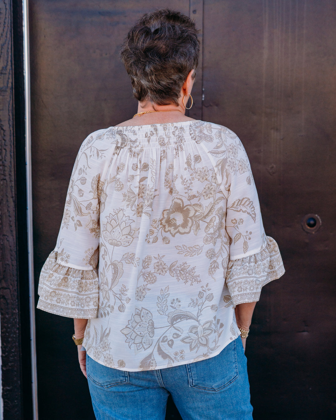 Multiples: 3/4 Flounce Raglan Slv Elastic & Shirred Nk Top in Multi (M26404TM)
