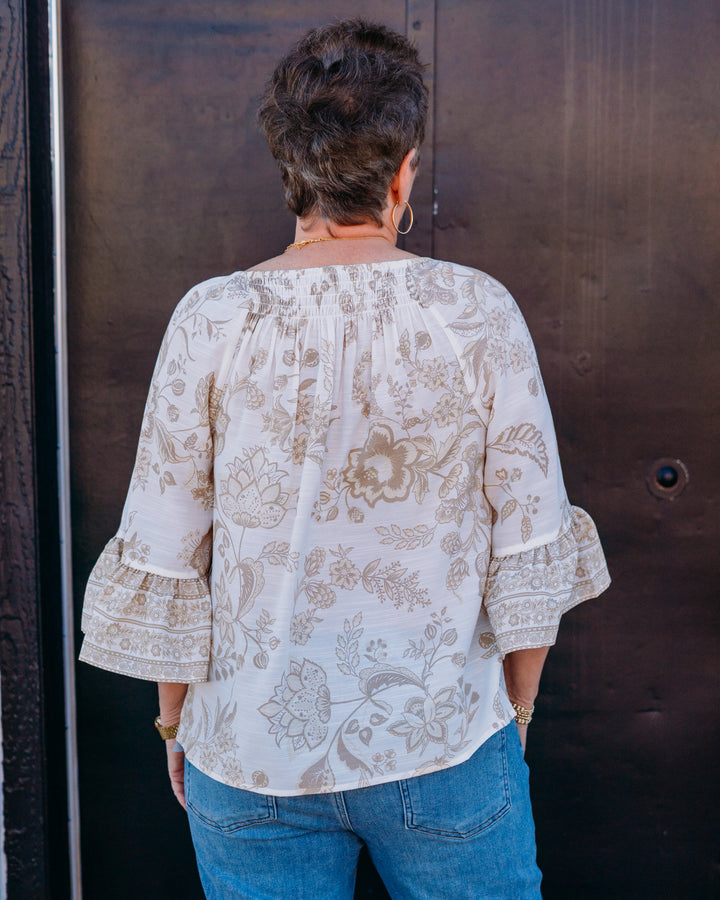 Multiples: 3/4 Flounce Raglan Slv Elastic & Shirred Nk Top in Multi (M26404TM)