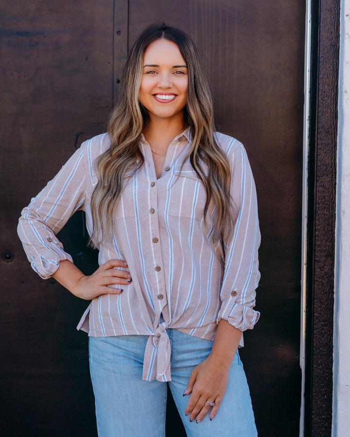 Multiples: Roll Tab Long Sleeve Drop Shoulder Tie Waist Button Front Shirt in Multi (M26412BM)