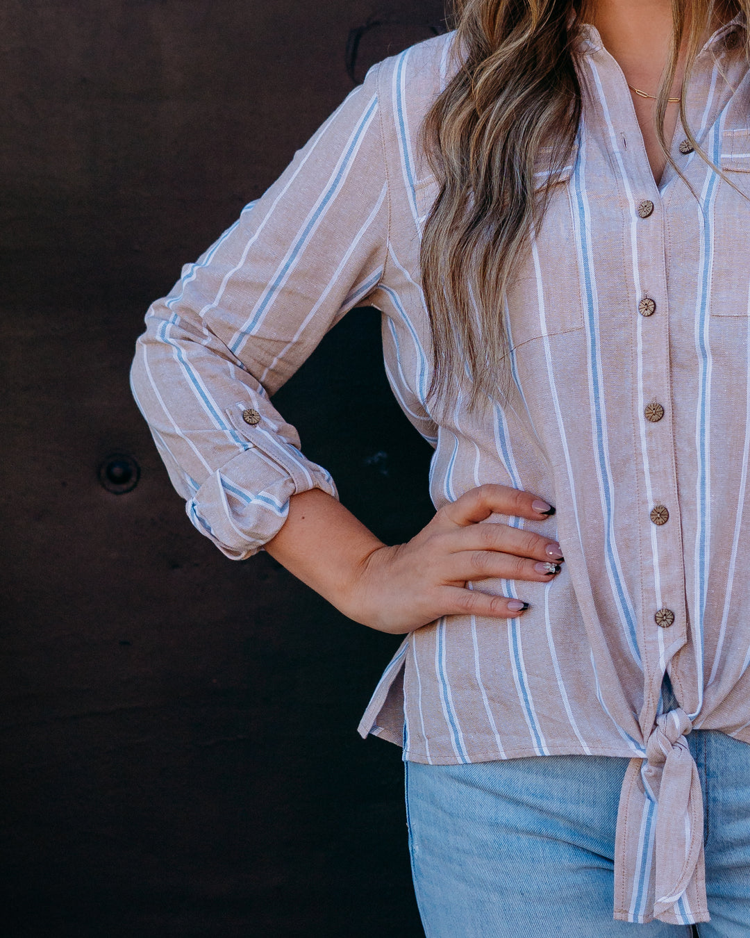 Multiples: Roll Tab Long Sleeve Drop Shoulder Tie Waist Button Front Shirt in Multi (M26412BM)
