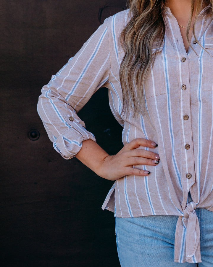 Multiples: Roll Tab Long Sleeve Drop Shoulder Tie Waist Button Front Shirt in Multi (M26412BM)