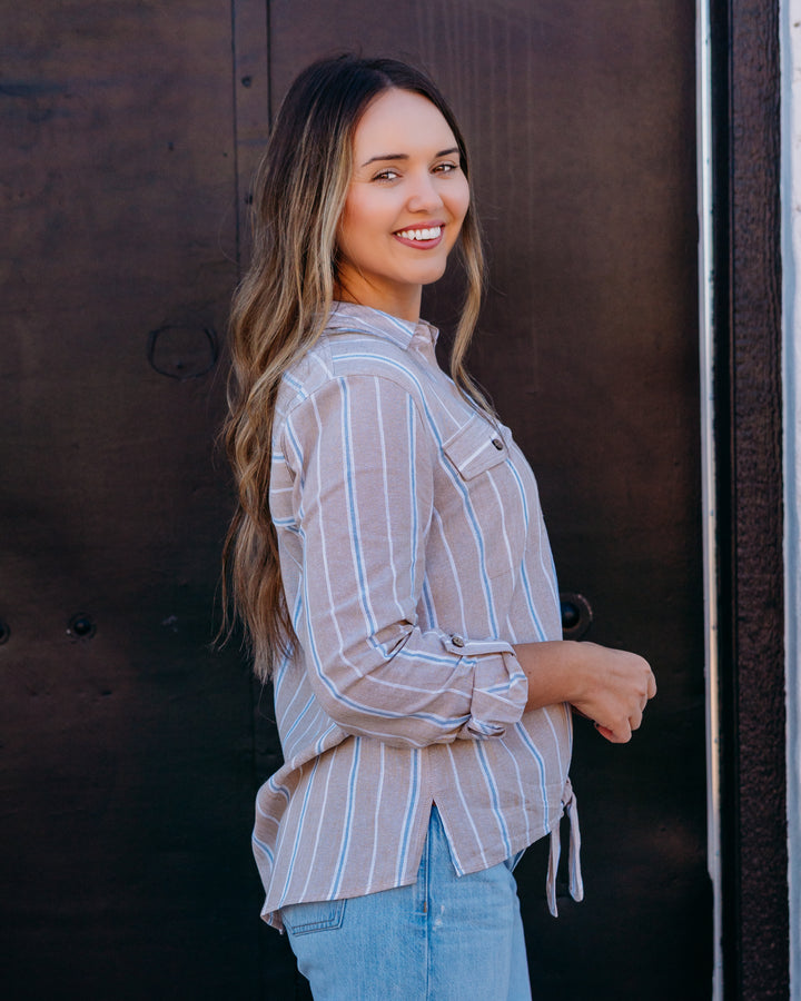 Multiples: Roll Tab Long Sleeve Drop Shoulder Tie Waist Button Front Shirt in Multi (M26412BM)