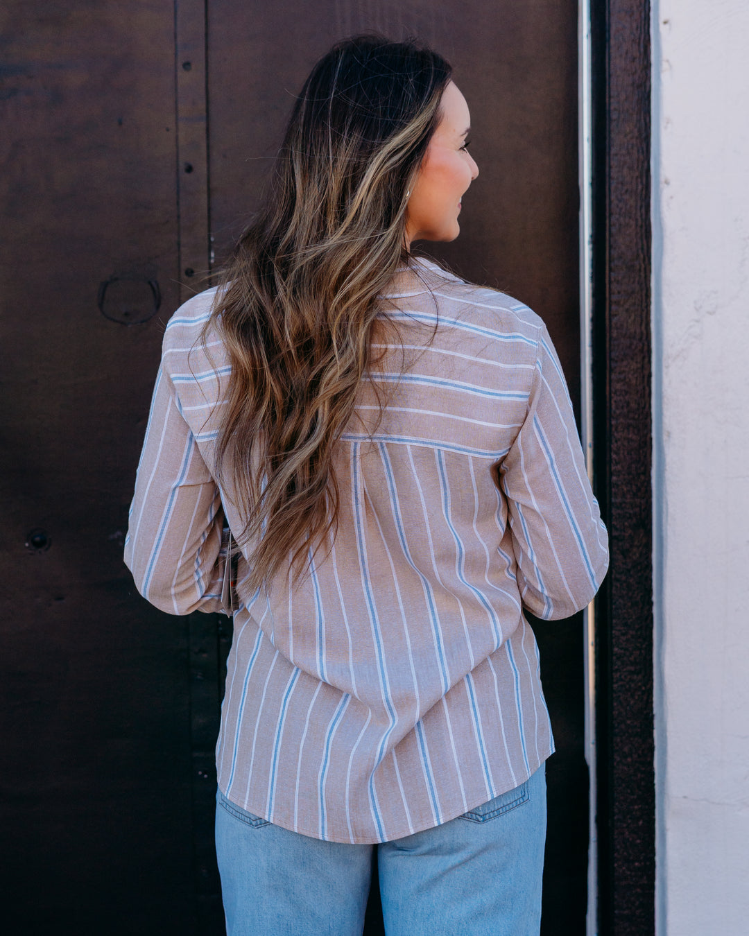 Multiples: Roll Tab Long Sleeve Drop Shoulder Tie Waist Button Front Shirt in Multi (M26412BM)