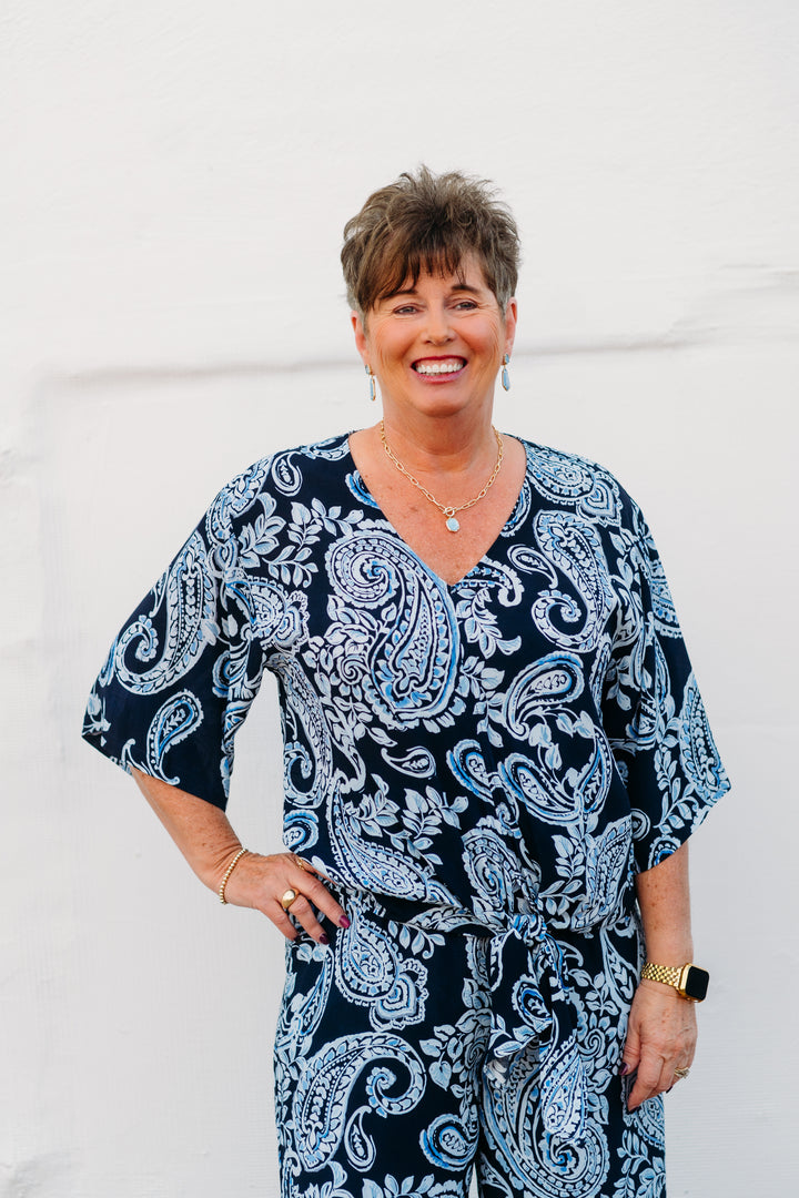 Karen Kane: Tie Front Top in Paisley Print