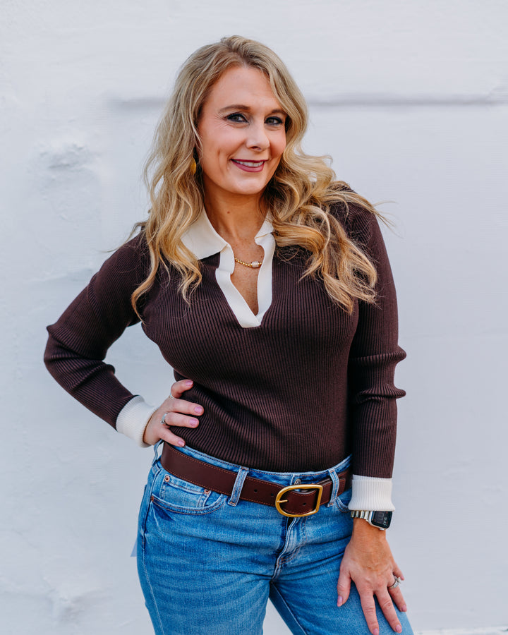 Karen Kane: Contrast Ribbed Polo Sweater in Chocolate/Cream