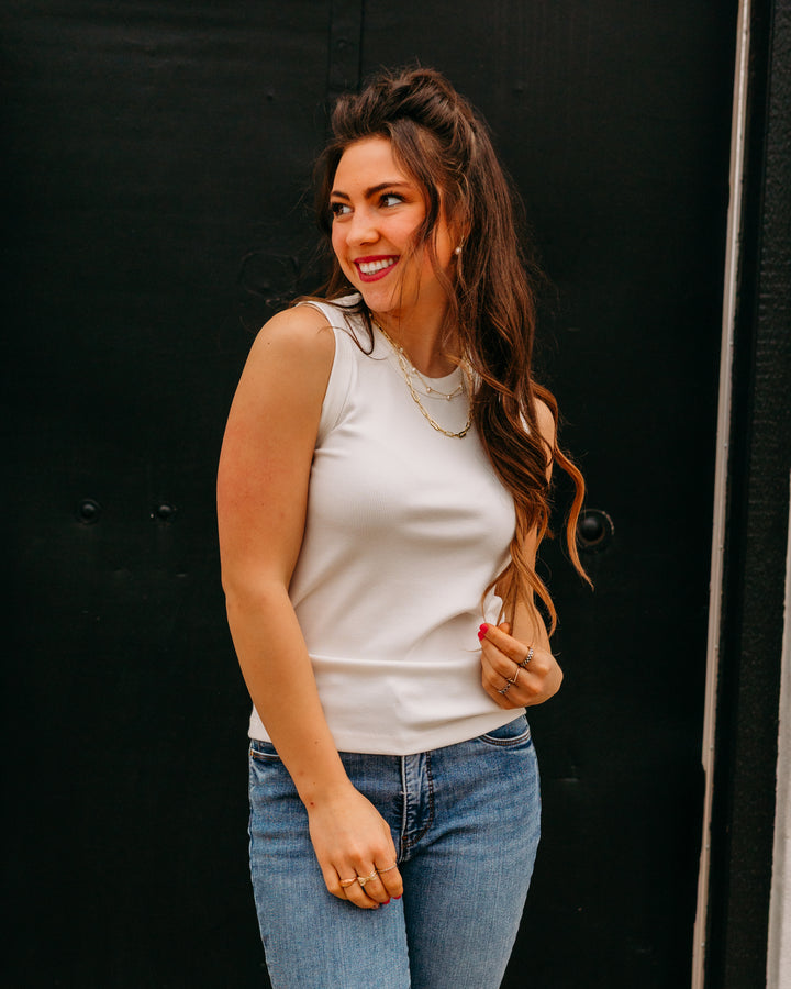 Karen Kane: Ribbed Crewneck Tank in Off White (1L47900) - The Vogue Boutique