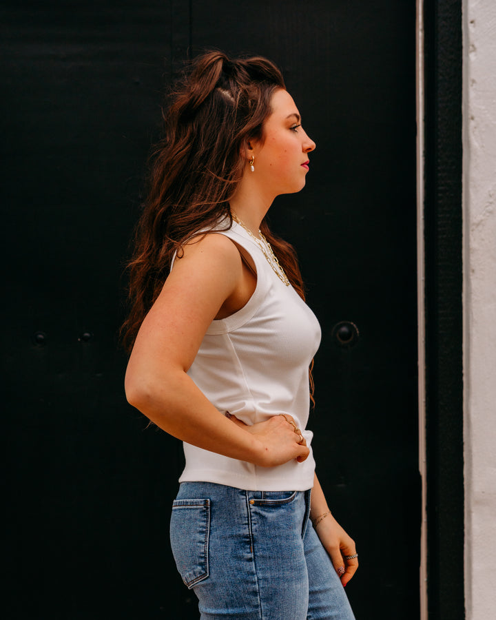 Karen Kane: Ribbed Crewneck Tank in Off White (1L47900) - The Vogue Boutique