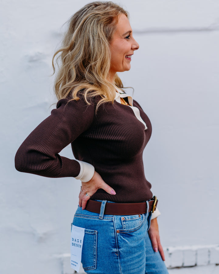 Karen Kane: Contrast Ribbed Polo Sweater in Chocolate/Cream