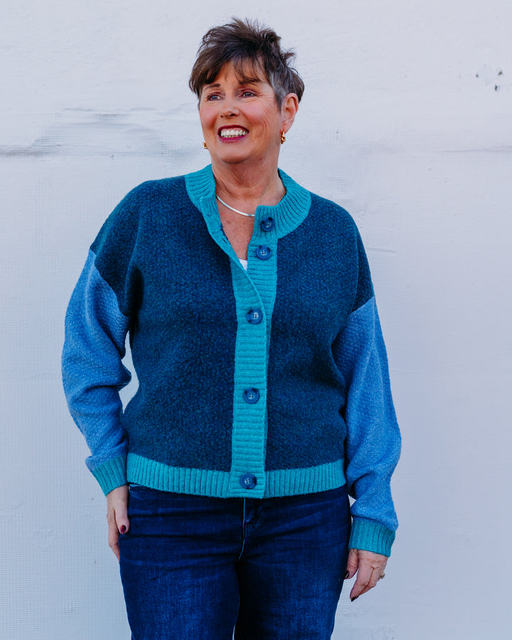 Tribal: Button Front Color Block Cardigan in Opal Green