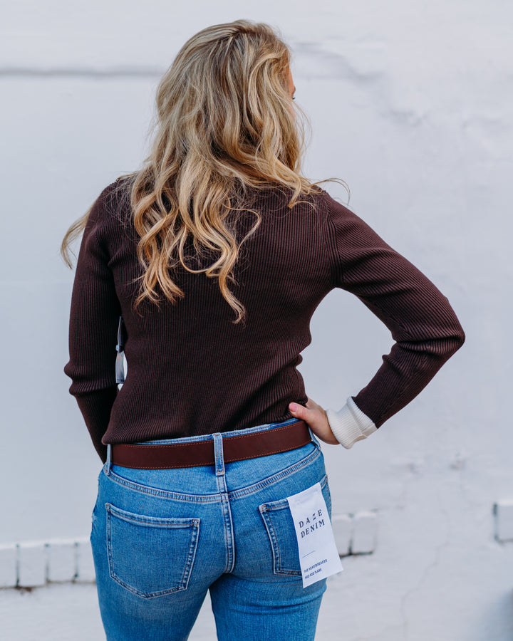 Karen Kane: Contrast Ribbed Polo Sweater in Chocolate/Cream