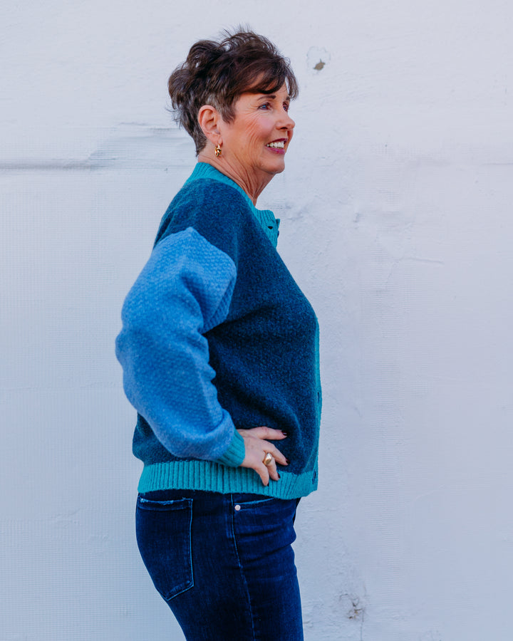 Tribal: Button Front Color Block Cardigan in Opal Green