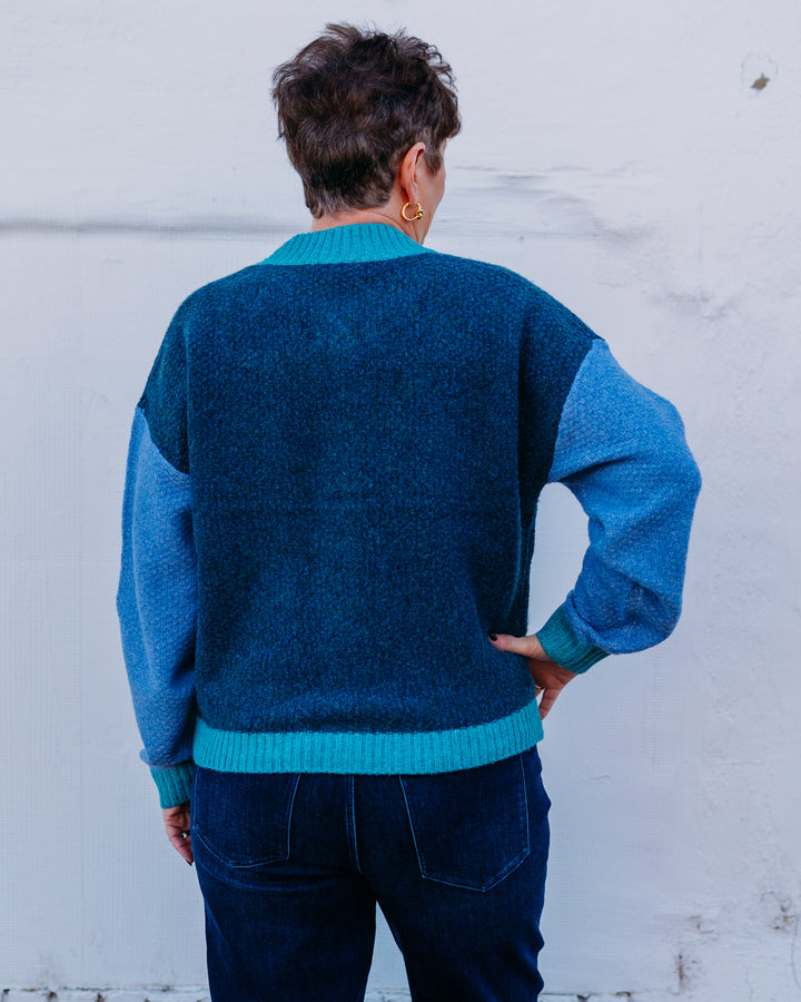 Tribal: Button Front Color Block Cardigan in Opal Green