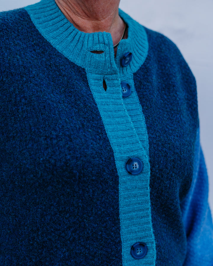 Tribal: Button Front Color Block Cardigan in Opal Green