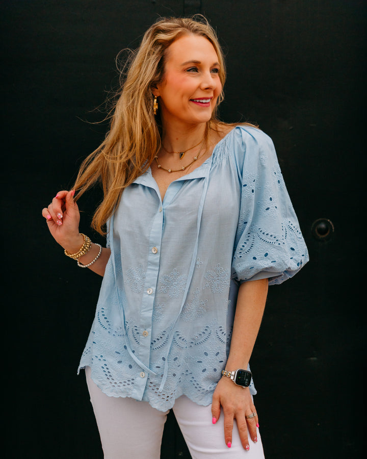 Karen Kane: Puff Sleeve Embroidered Top in Blue (1L51310)