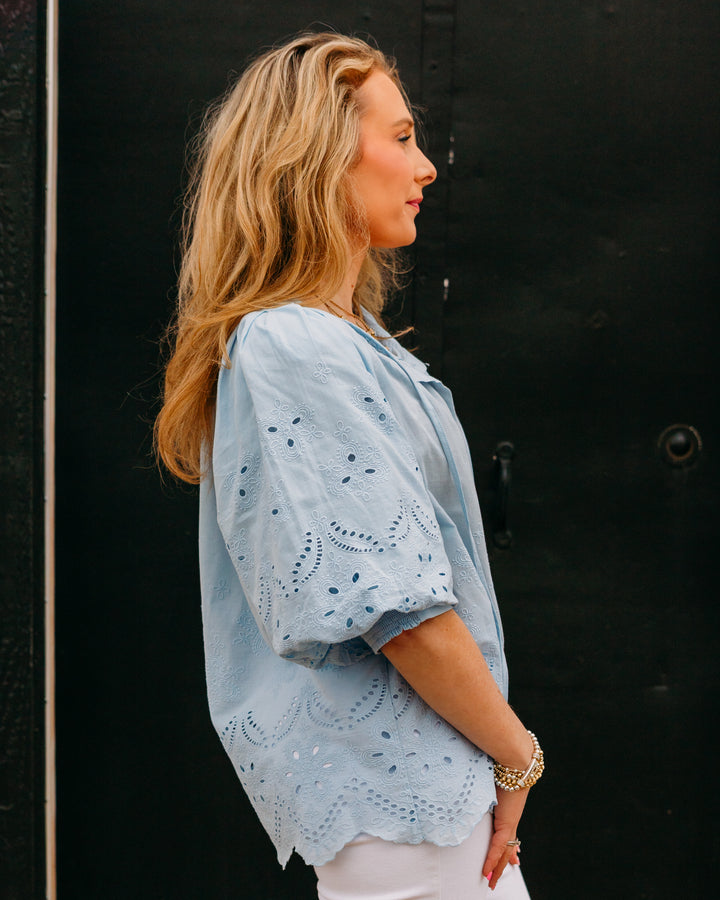 Karen Kane: Puff Sleeve Embroidered Top in Blue (1L51310)