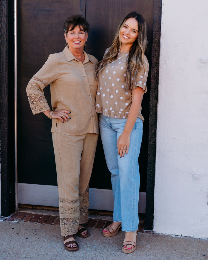 Multiples: Scoop Neck Ruffle Hi-Lo Button Top in Khaki (M26403TM)