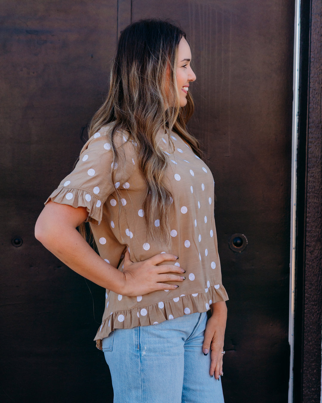 Multiples: Scoop Neck Ruffle Hi-Lo Button Top in Khaki (M26403TM)
