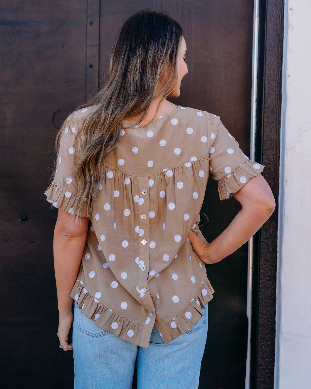 Multiples: Scoop Neck Ruffle Hi-Lo Button Top in Khaki (M26403TM)