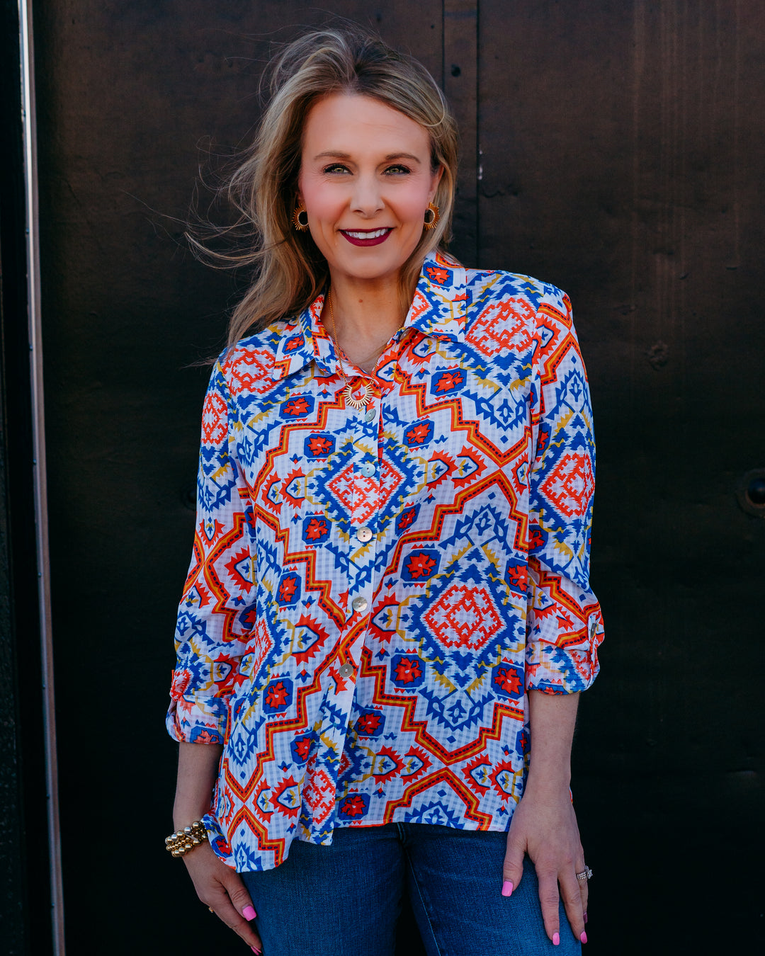 Multiples: 3/4 Puff Sleeve Raglan Button Front Woven Top in Multi (M36302TM)