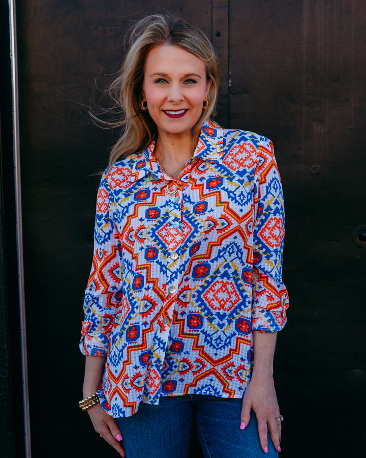 Multiples: 3/4 Puff Sleeve Raglan Button Front Woven Top in Multi (M36302TM)