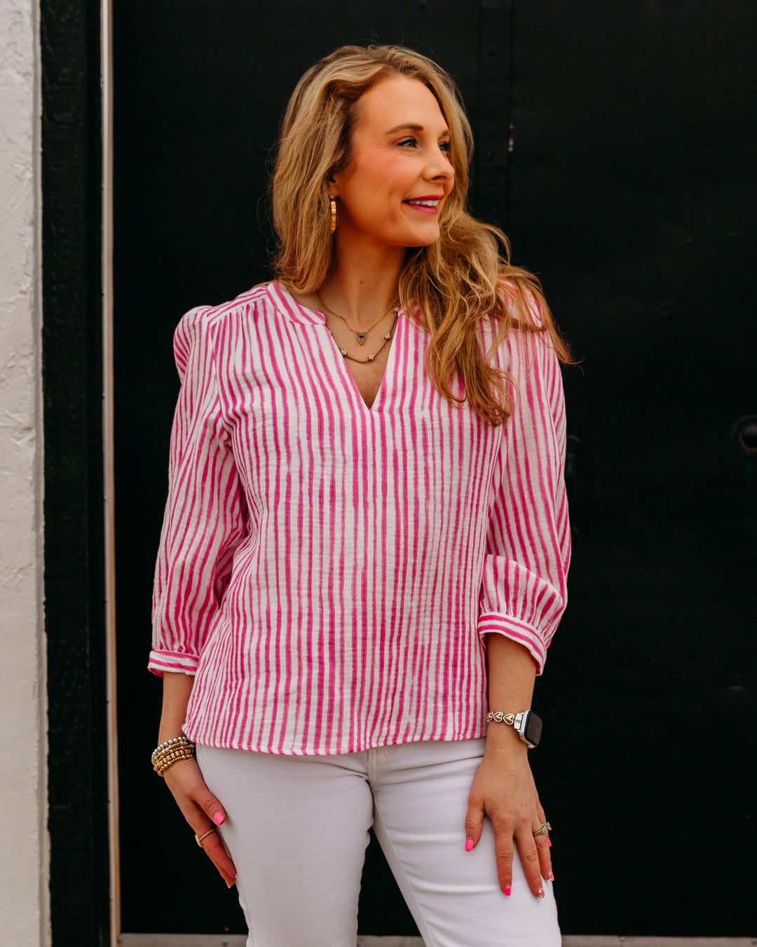 French Dressing Jeans: Stripe Popover Blouse in Fuschia (378205) - The Vogue Boutique