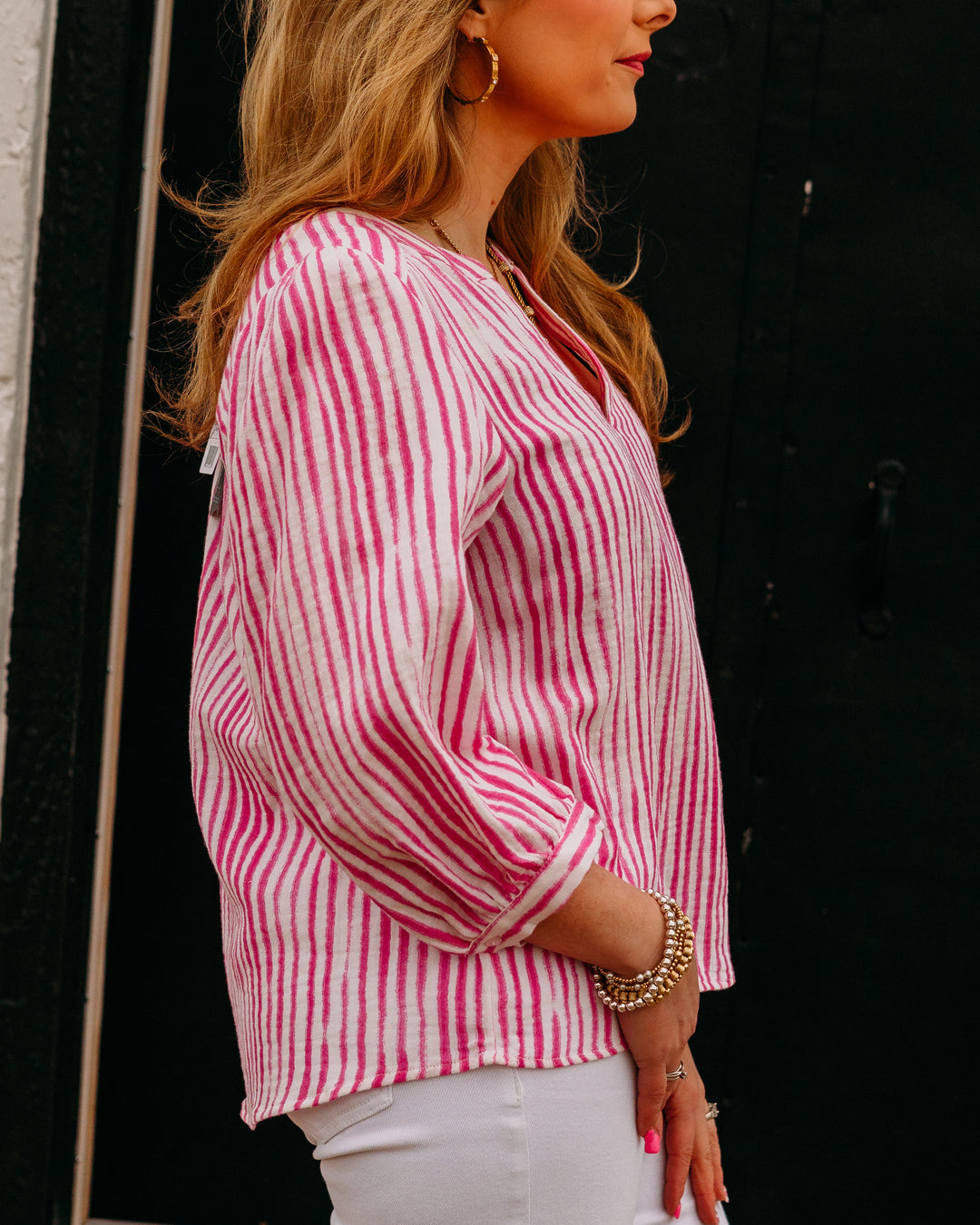 French Dressing Jeans: Stripe Popover Blouse in Fuschia (378205) - The Vogue Boutique