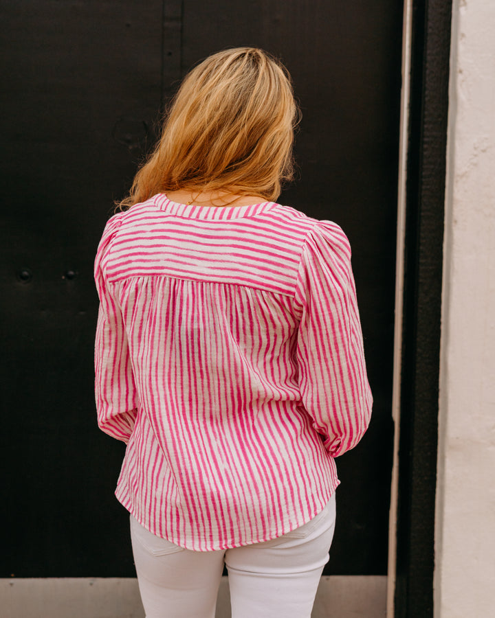 French Dressing Jeans: Stripe Popover Blouse in Fuschia (378205) - The Vogue Boutique