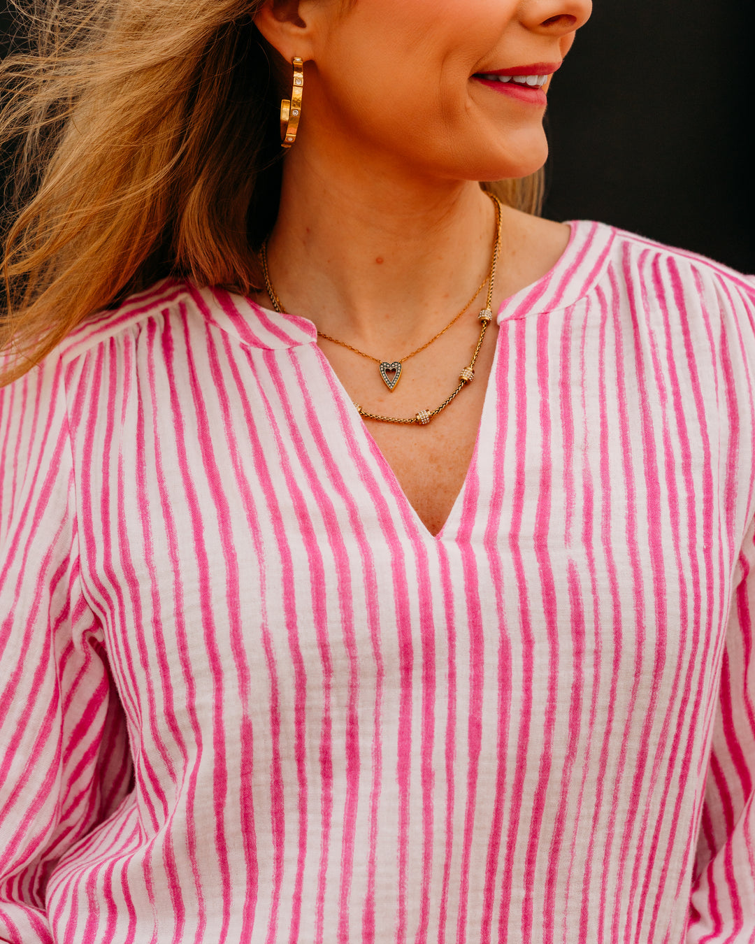 French Dressing Jeans: Stripe Popover Blouse in Fuschia (378205) - The Vogue Boutique