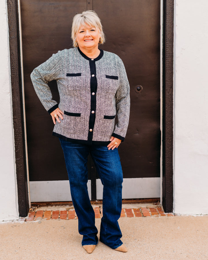 A La Carte: Jacquard Button Front Cardigan in Black