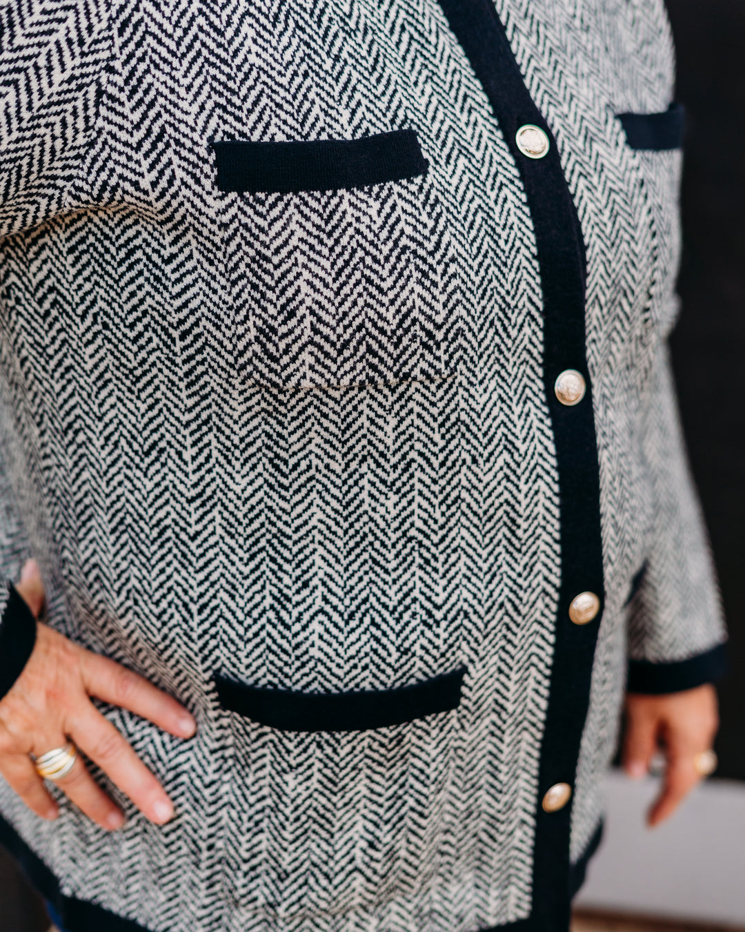 A La Carte: Jacquard Button Front Cardigan in Black