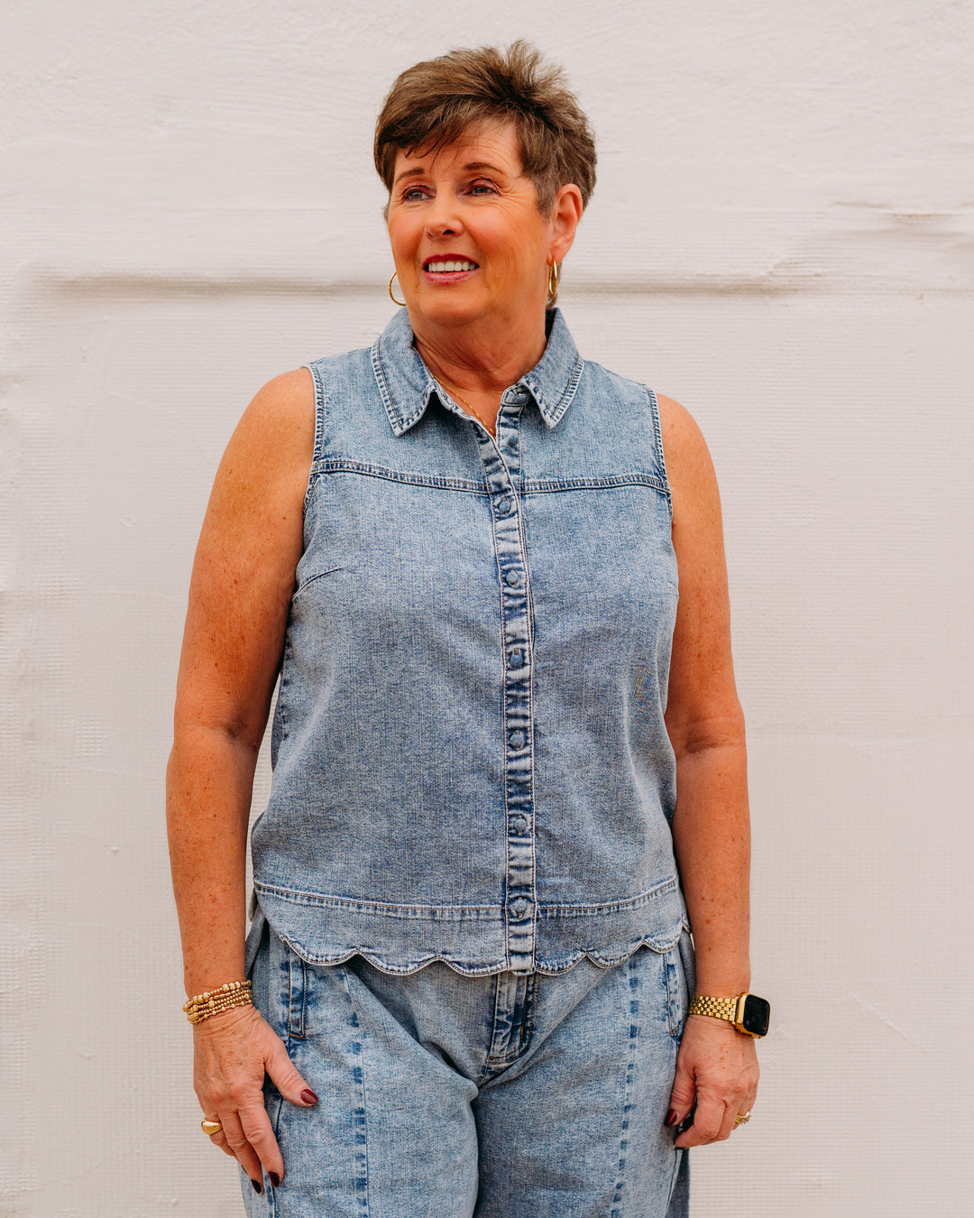 French Dressing Jeans: Sleeveless Scalloped Shirt in Pale Wash (182992) - The Vogue Boutique