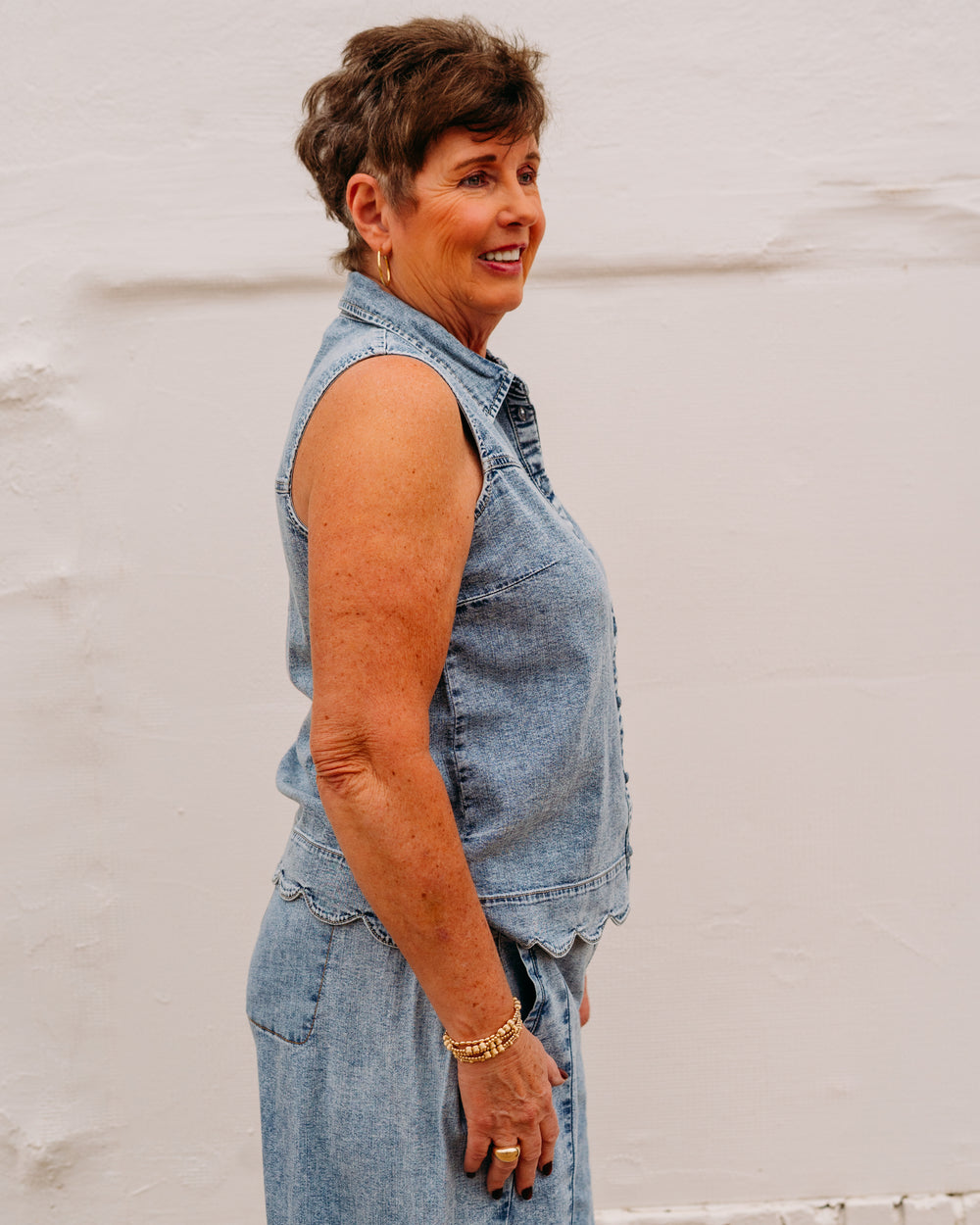 French Dressing Jeans: Sleeveless Scalloped Shirt in Pale Wash (182992) - The Vogue Boutique