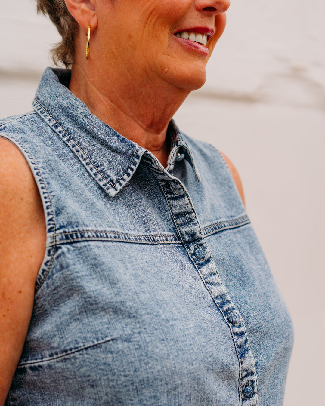 French Dressing Jeans: Sleeveless Scalloped Shirt in Pale Wash (182992) - The Vogue Boutique