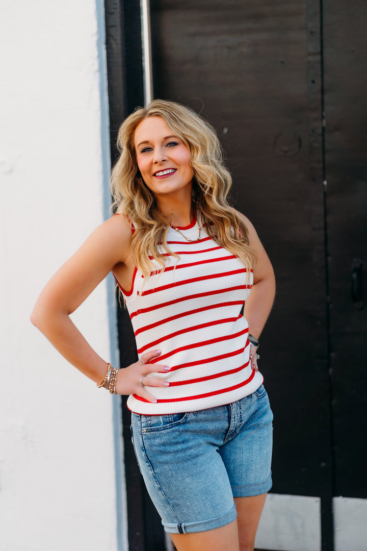 Karen Kane: Stripe Ribbed Sweater Tank in Red