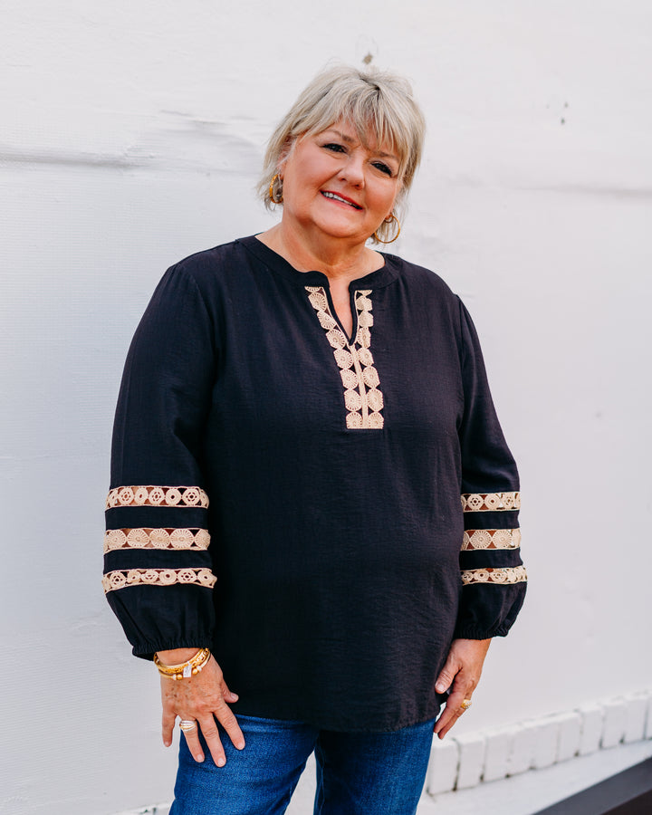 Multiples: (Natural Allure) 3/4 Sleeve Band Top W/ Lace in Black (M35305TM)