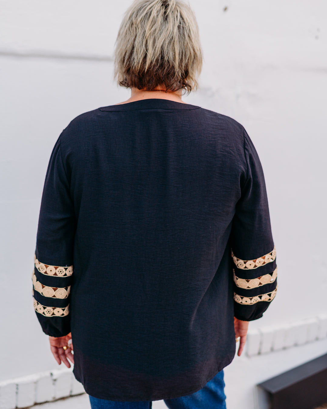 Multiples: (Natural Allure) 3/4 Sleeve Band Top W/ Lace in Black (M35305TM)