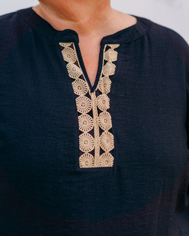Multiples: (Natural Allure) 3/4 Sleeve Band Top W/ Lace in Black (M35305TM)
