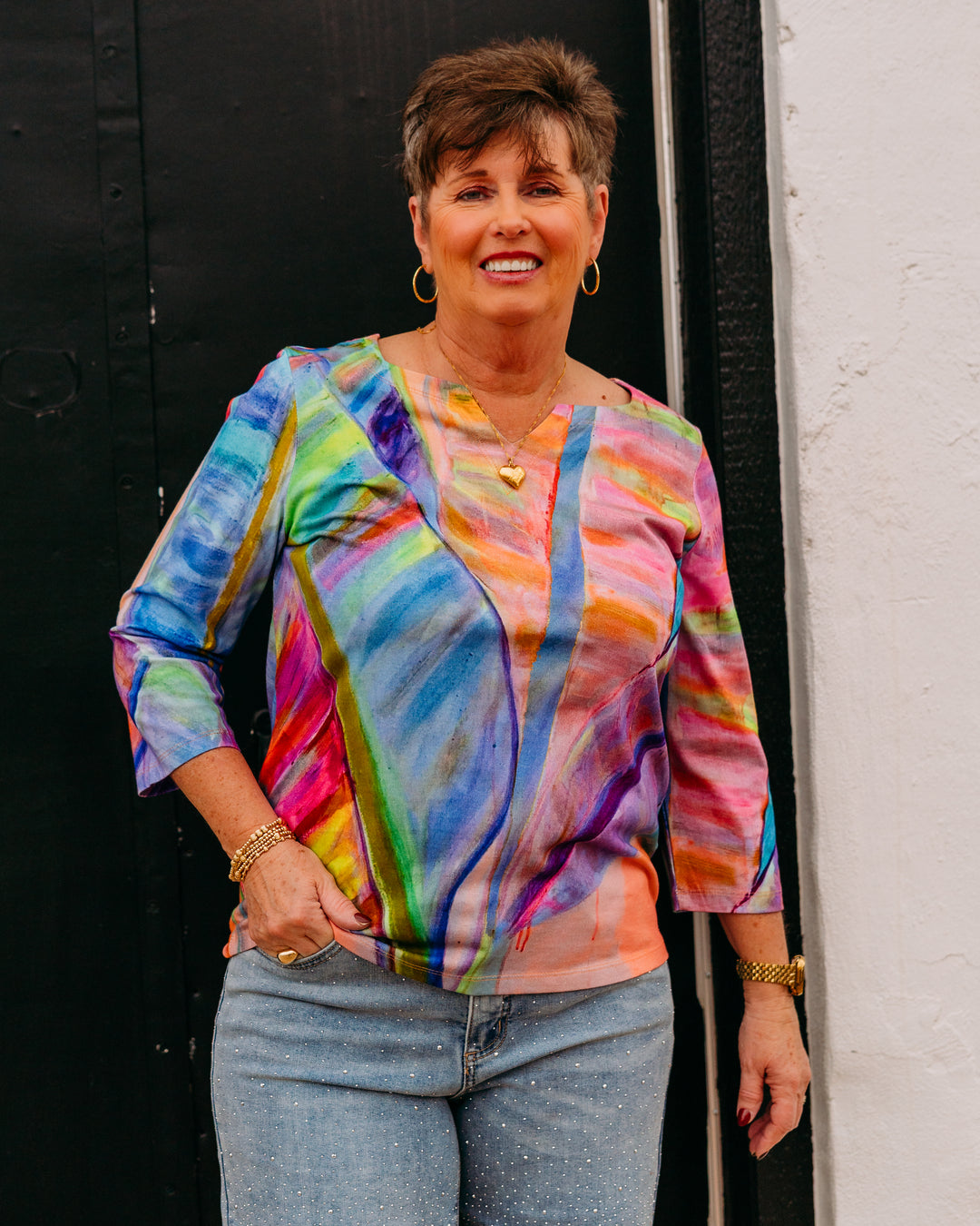 French Dressing Jeans: Notch Neck Top in Neon Palm (198197) - The Vogue Boutique